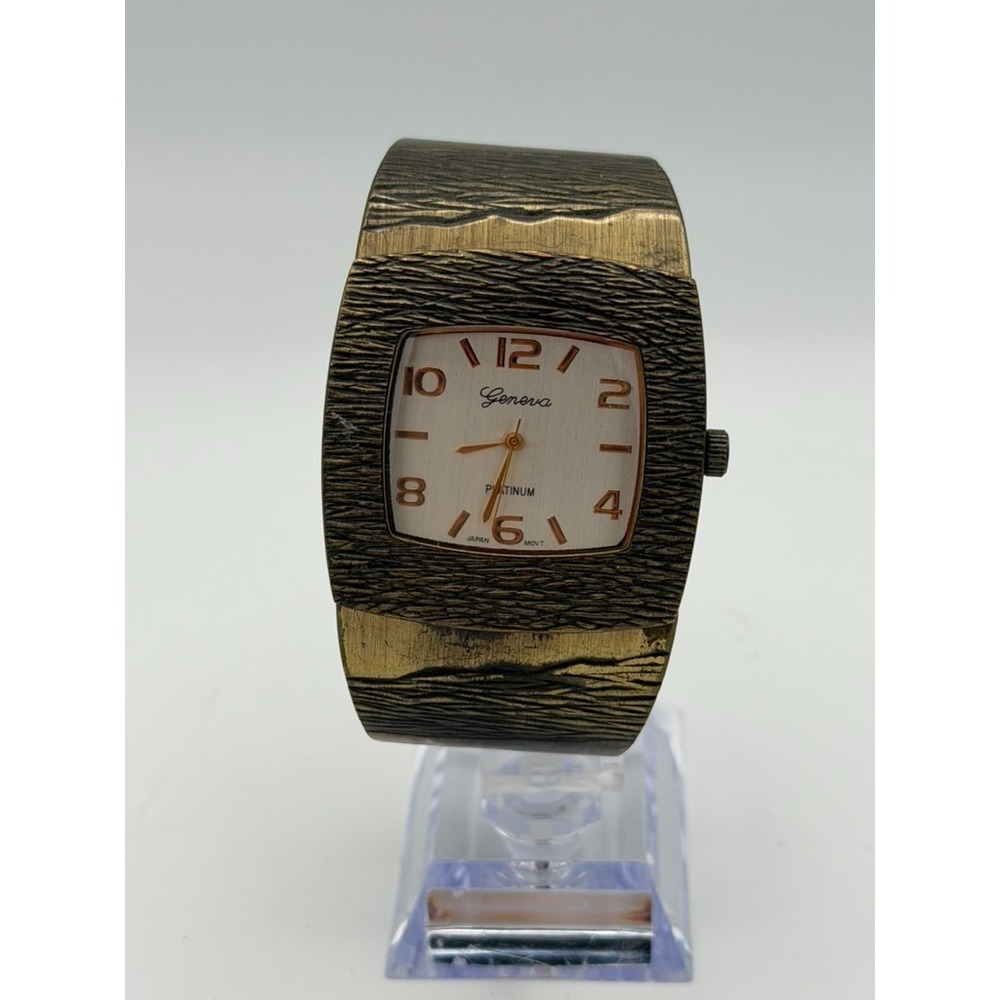 Geneva Platinum Cuff Bracelet Watch Gold Tone Textured Wide Band Japan Movt